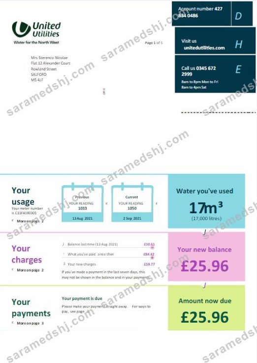 UNITED KINGDOM UNITED UTILITIES utility bill Word and PDF template